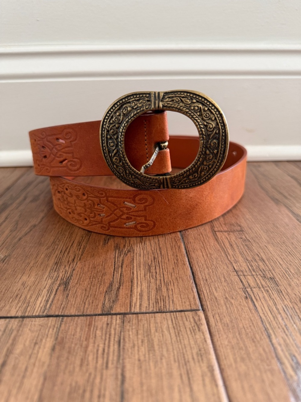 Linea Pelle Tan Leather Belt with Ornate Gold Buckle